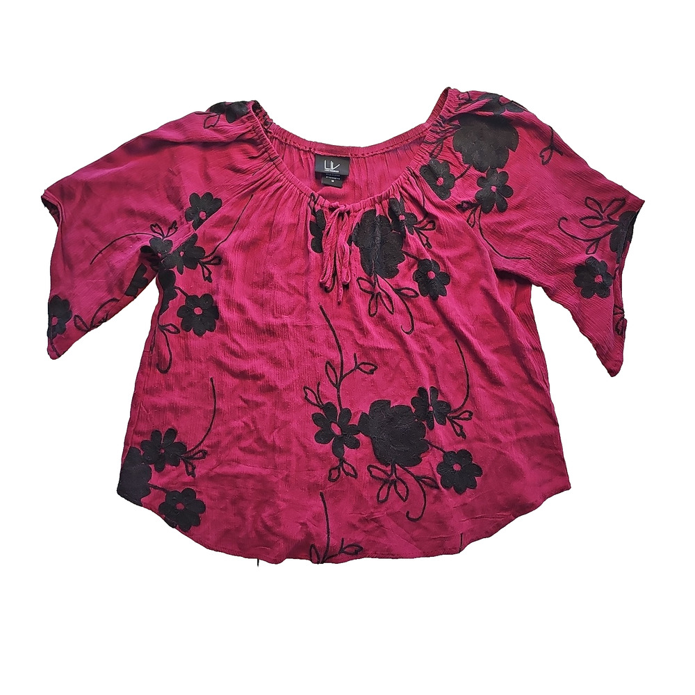 LiV Los Angeles M Magenta Black Floral Embroidered Boho Peasant Blouse Rayon